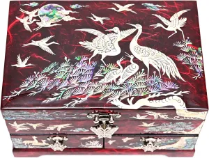 MADDesign Mother of Pearl Lacquered Jewelry Box Two Level Cranes (Red)