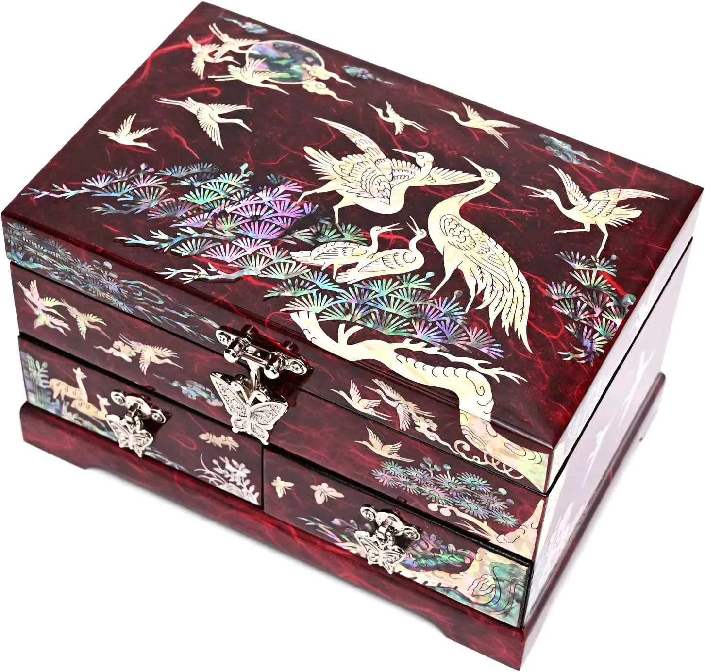 MADDesign Mother of Pearl Lacquered Jewelry Box Two Level Cranes (Red)