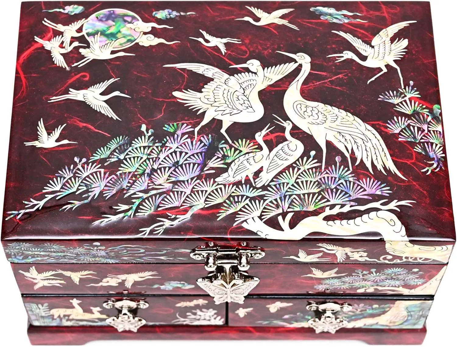 MADDesign Mother of Pearl Lacquered Jewelry Box Two Level Cranes (Red)