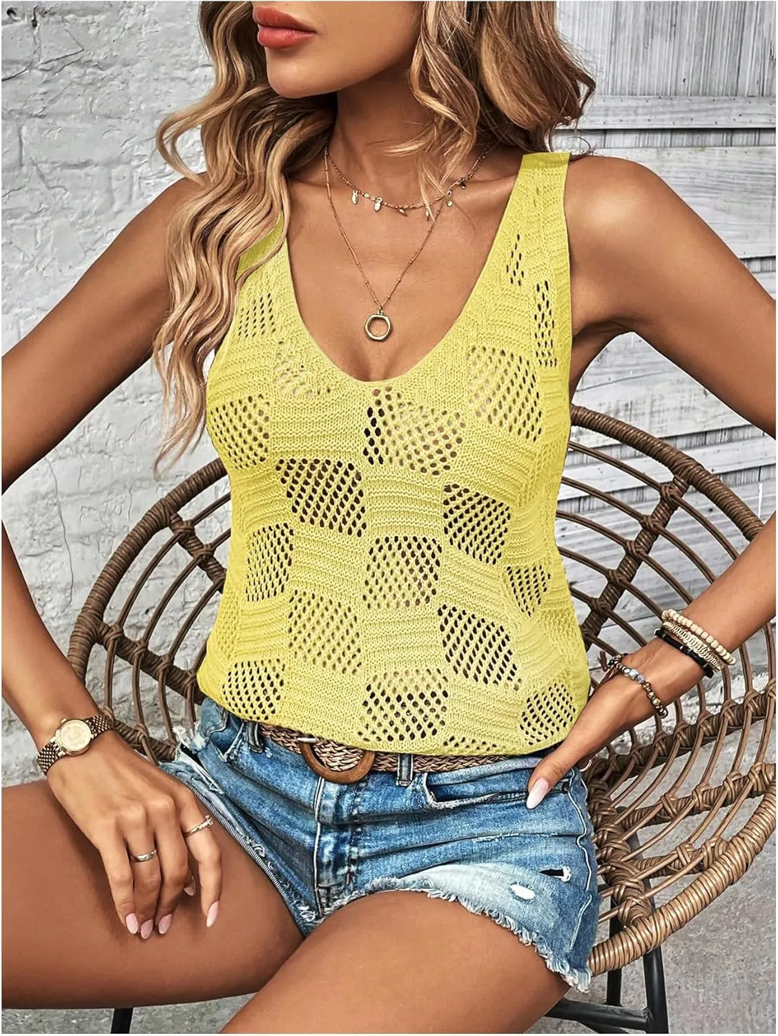 MakeMeChic Women's Crochet Tank Top Tie Dye Hollow Out Sleeveless Summer Shirt Going Out Tops