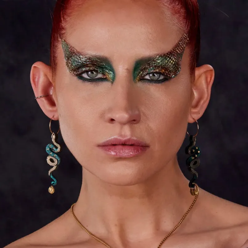 Medusa Snake Hoop Earrrings - Teal and Gold