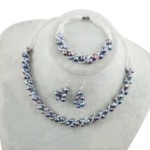 Natural Freshwater Pearl Jewelry Set Necklace Bracelet Earrings Women Jewelry