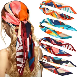 Newcotte 4 Pcs 35'' Large Square Satin Hair Scarf Silk Like Head Scarf Floral Satin Head Wrap Flower Hair Bandana Neck