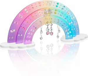 NiHome 3-Tier Gradient Color Acrylic Rainbow Earring Organizer, 14" W x 6.3" H Lightweight and Durable Design 140 Holes for 70 Pairs, Unique Front Row for Special Earrings (Macaron Gradient)