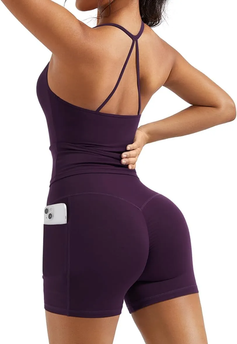 OMKAGI 2 Piece Workout Sets for Women Padded Sports Bra Tank Booty Gym Shorts with Pockets