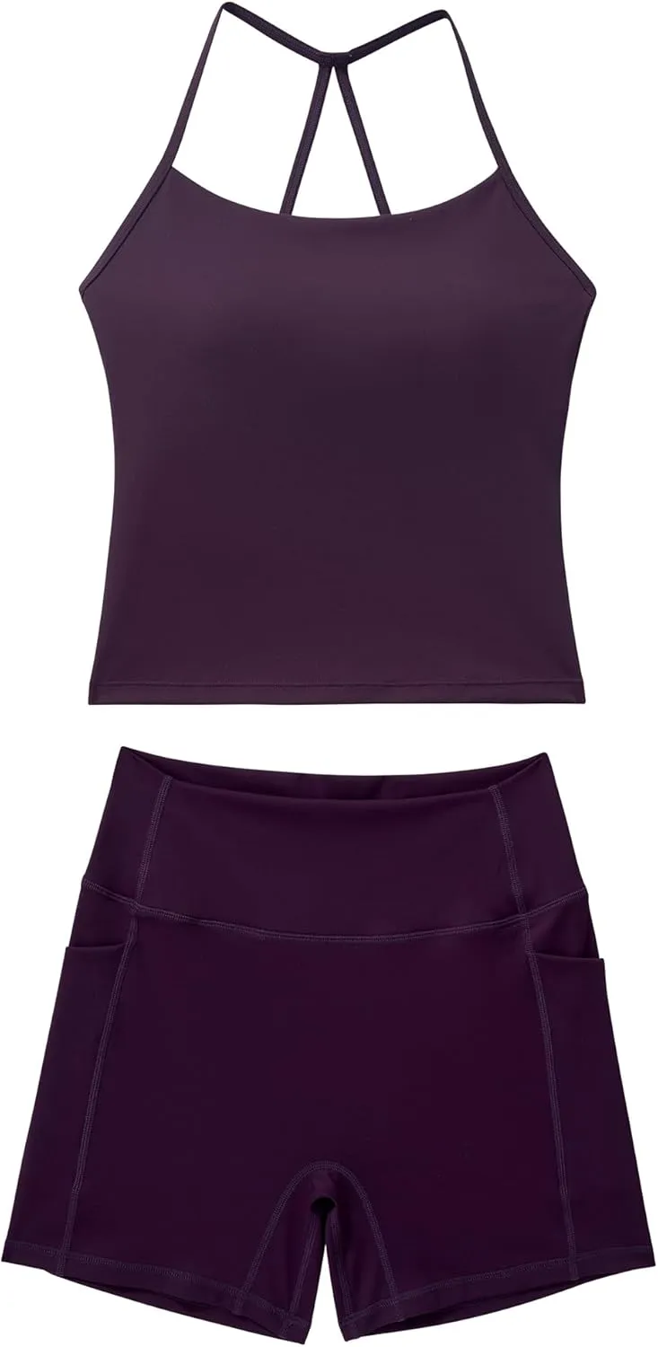 OMKAGI 2 Piece Workout Sets for Women Padded Sports Bra Tank Booty Gym Shorts with Pockets