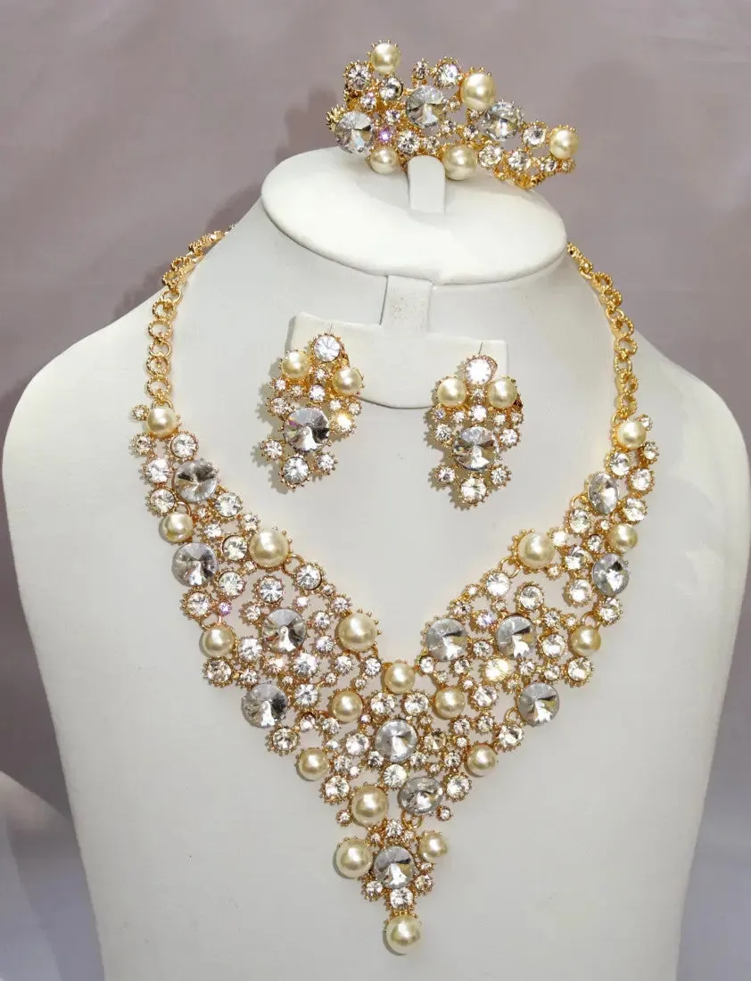 Pearl Gold Plated Fashion Women Necklace Earring Party Bridal Jewellery Set