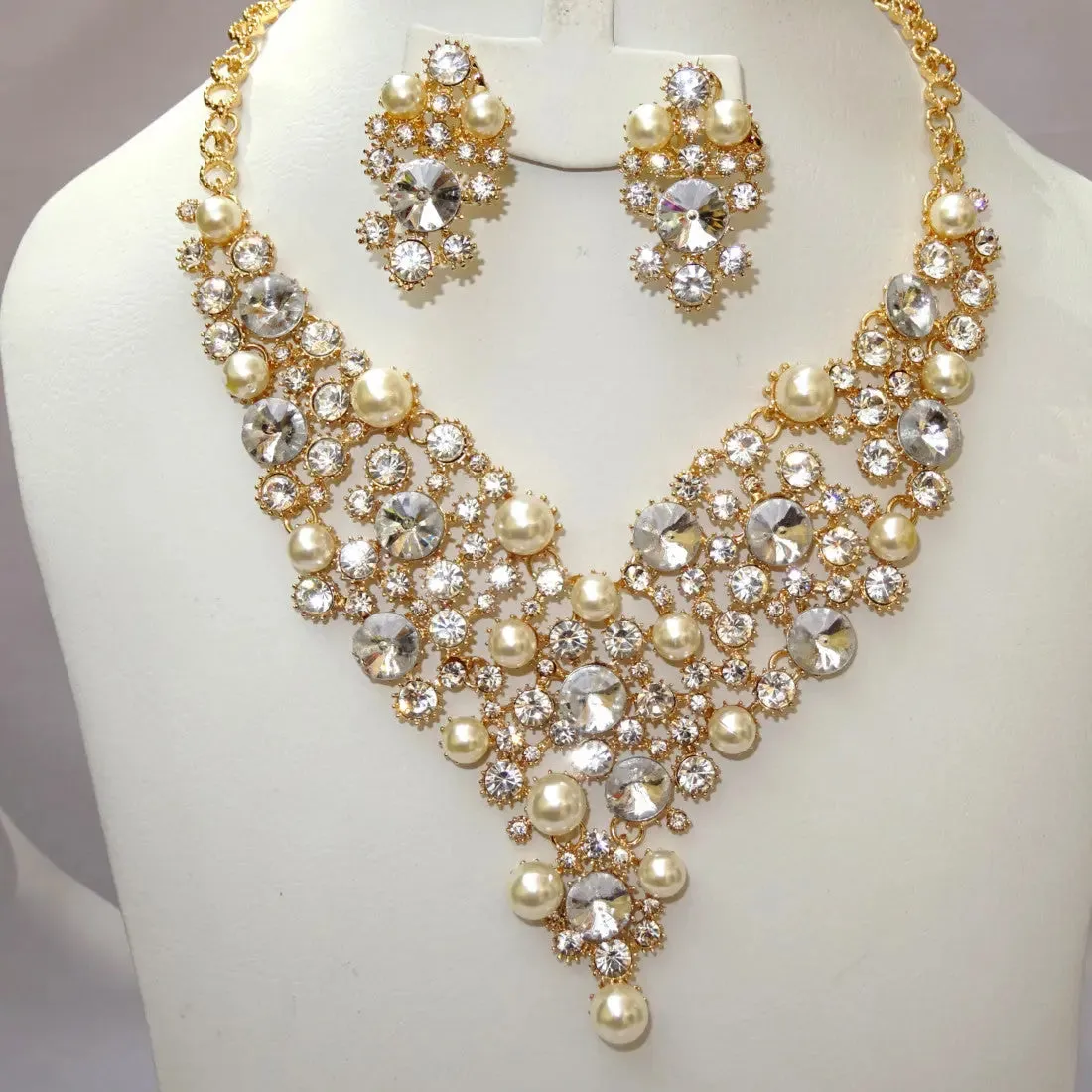 Pearl Gold Plated Fashion Women Necklace Earring Party Bridal Jewellery Set