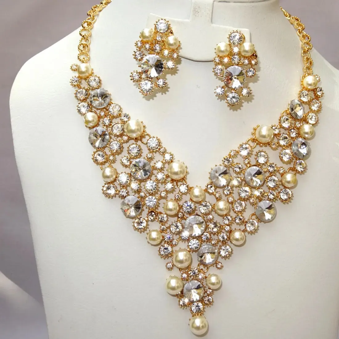 Pearl Gold Plated Fashion Women Necklace Earring Party Bridal Jewellery Set