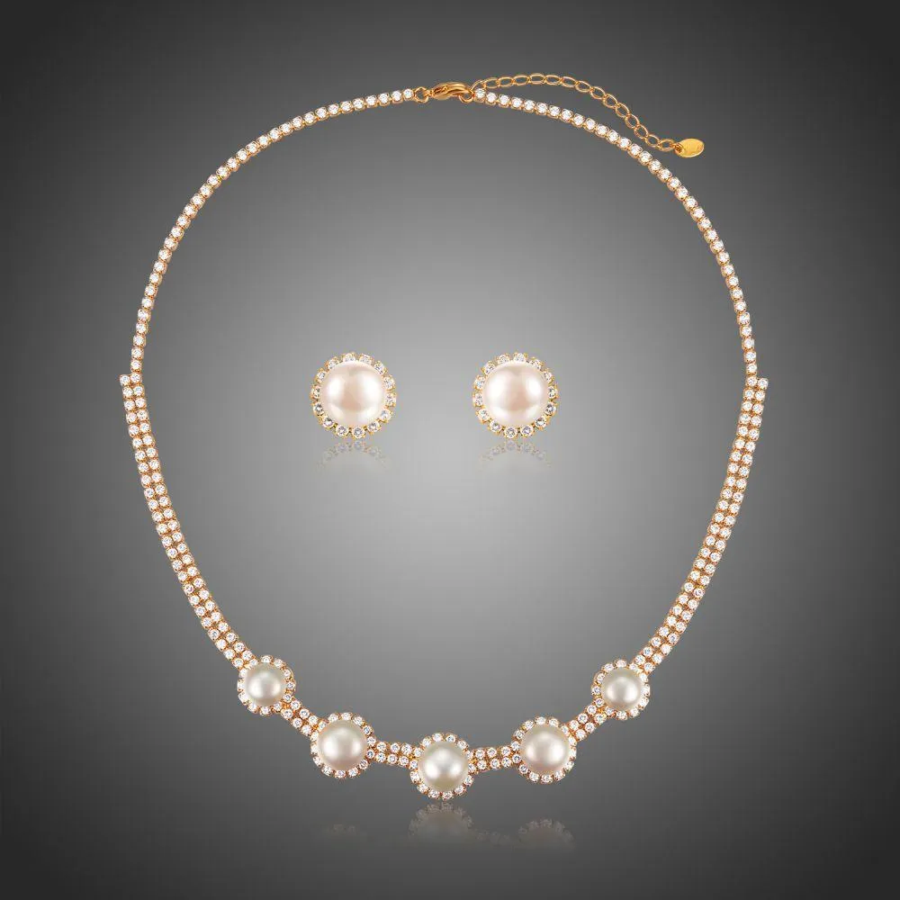 Round Clear Cubic Zirconia Luxury Women Wedding Pearl Flower Jewelry Set