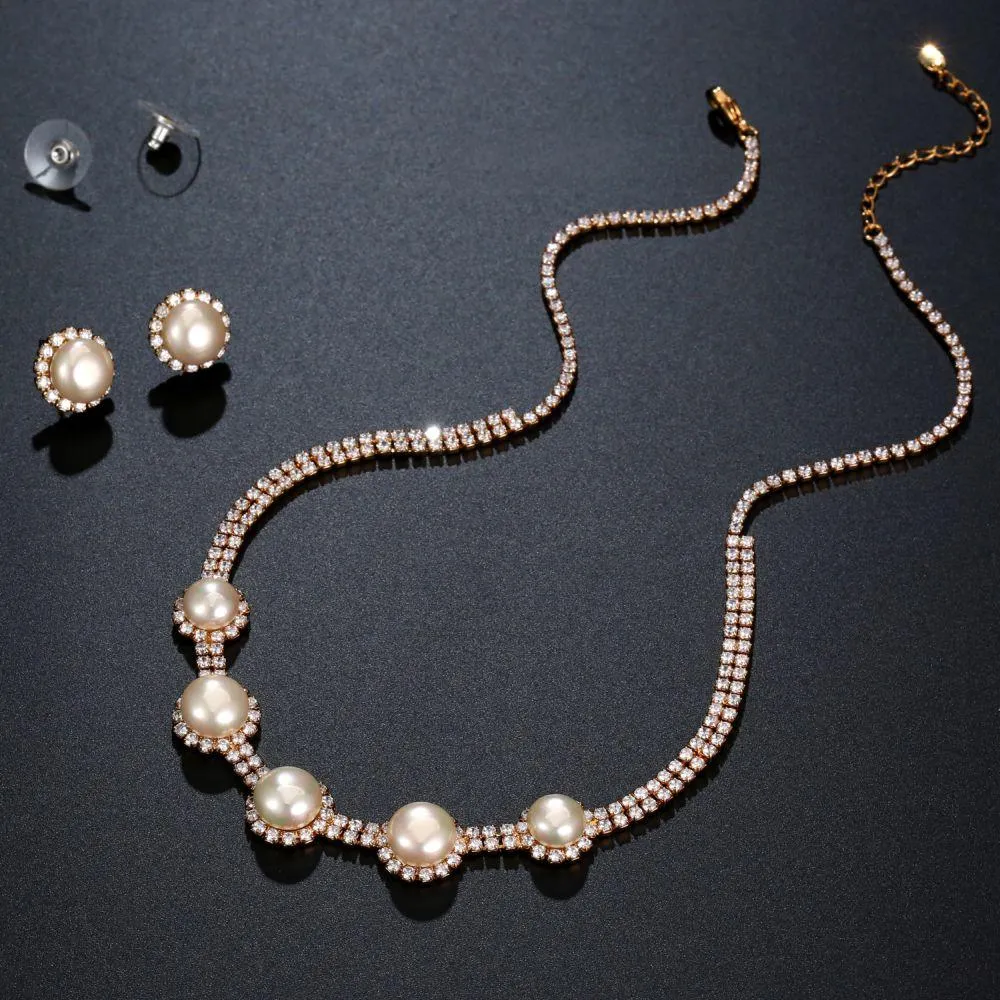 Round Clear Cubic Zirconia Luxury Women Wedding Pearl Flower Jewelry Set