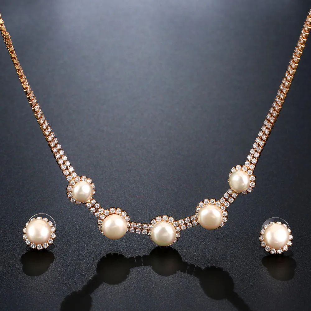 Round Clear Cubic Zirconia Luxury Women Wedding Pearl Flower Jewelry Set