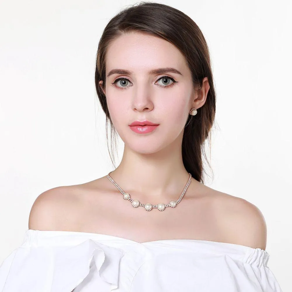 Round Clear Cubic Zirconia Luxury Women Wedding Pearl Flower Jewelry Set