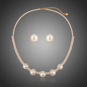 Round Clear Cubic Zirconia Luxury Women Wedding Pearl Flower Jewelry Set