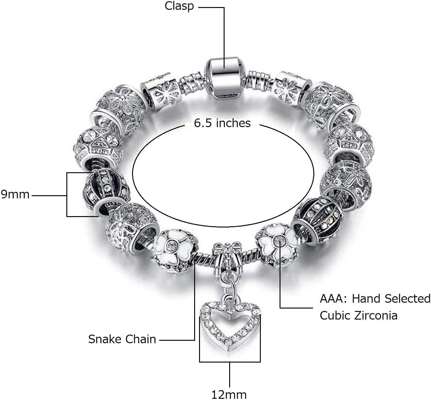 Savlano Silver Tone Charm Bracelet with Crystal and Murano Glass Beads Snake Chain for Women Comes in a Gift Box