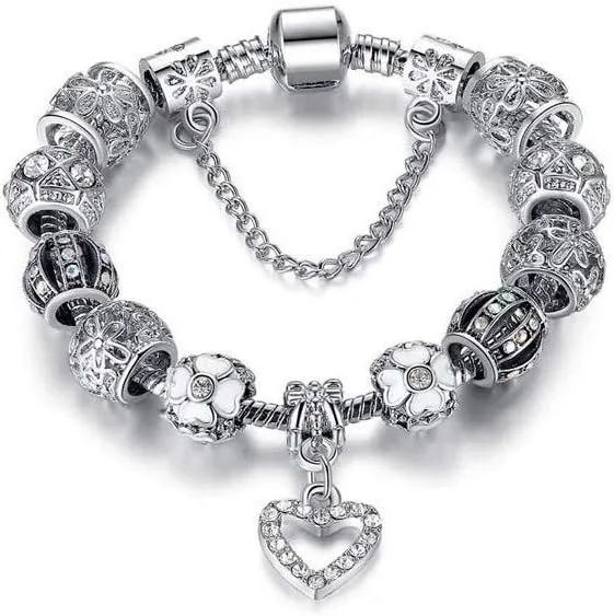 Savlano Silver Tone Charm Bracelet with Crystal and Murano Glass Beads Snake Chain for Women Comes in a Gift Box