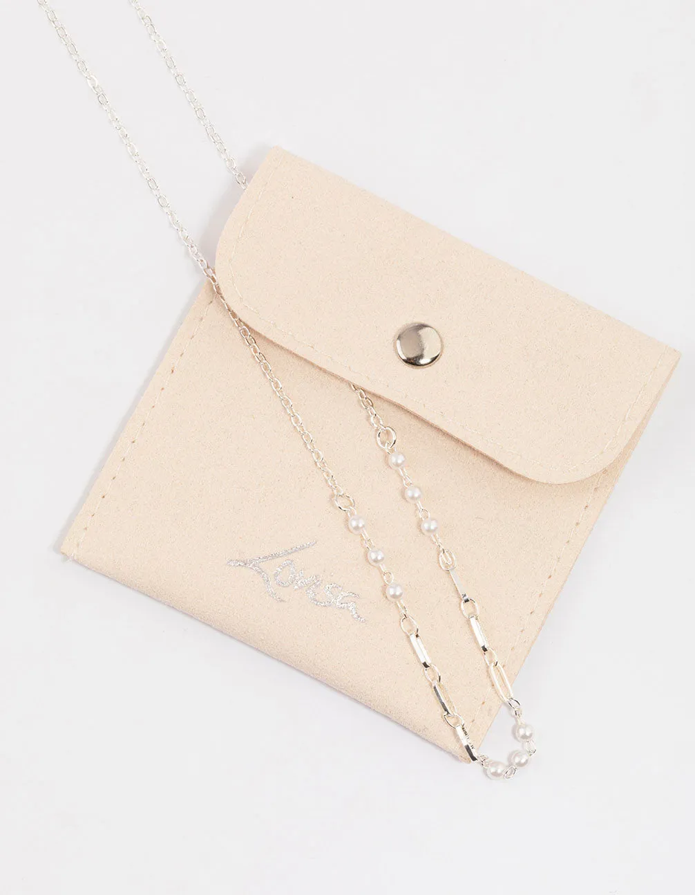 Silver Pearl & Rectangle Link Chain Necklace & Polishing Set