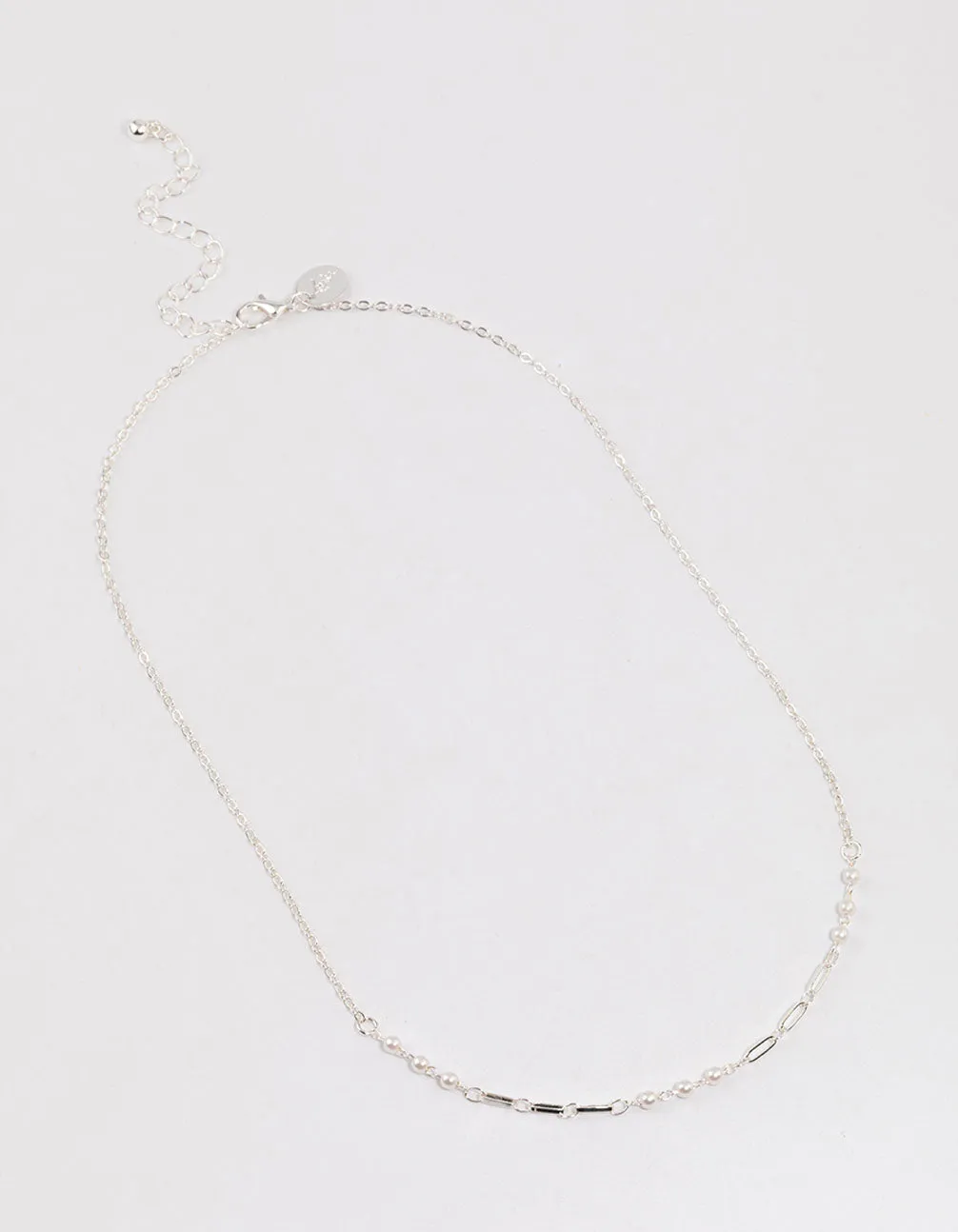 Silver Pearl & Rectangle Link Chain Necklace & Polishing Set