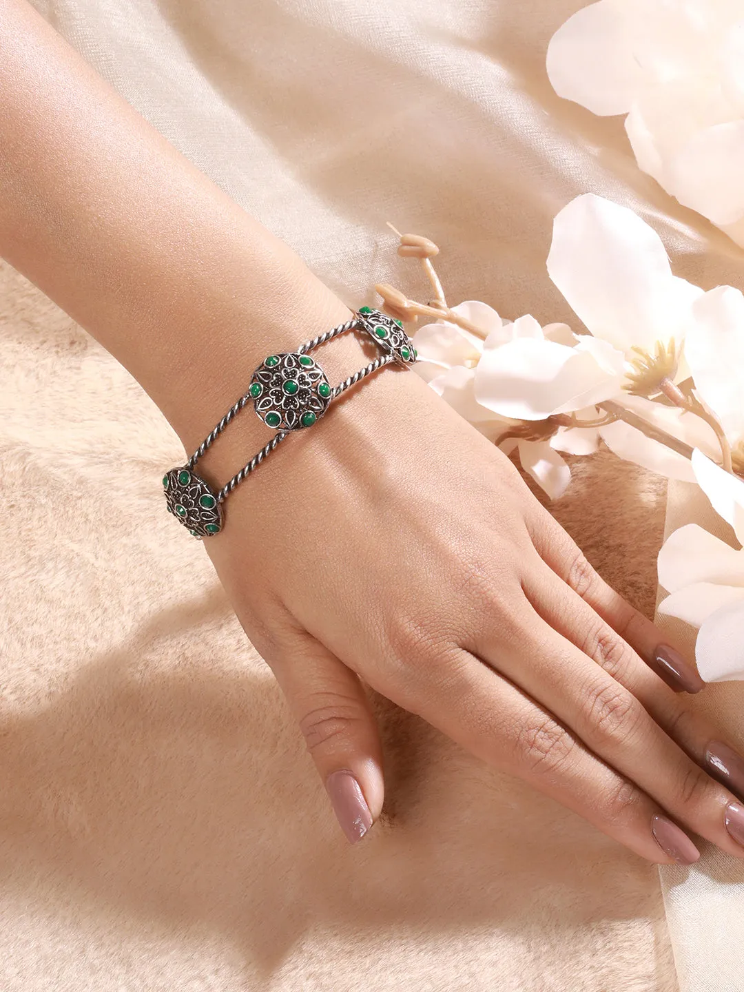 Silver Plated Green Stone Studded Oxidised Handcrafted Cuff Style Bracelet