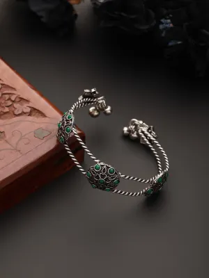 Silver Plated Green Stone Studded Oxidised Handcrafted Cuff Style Bracelet