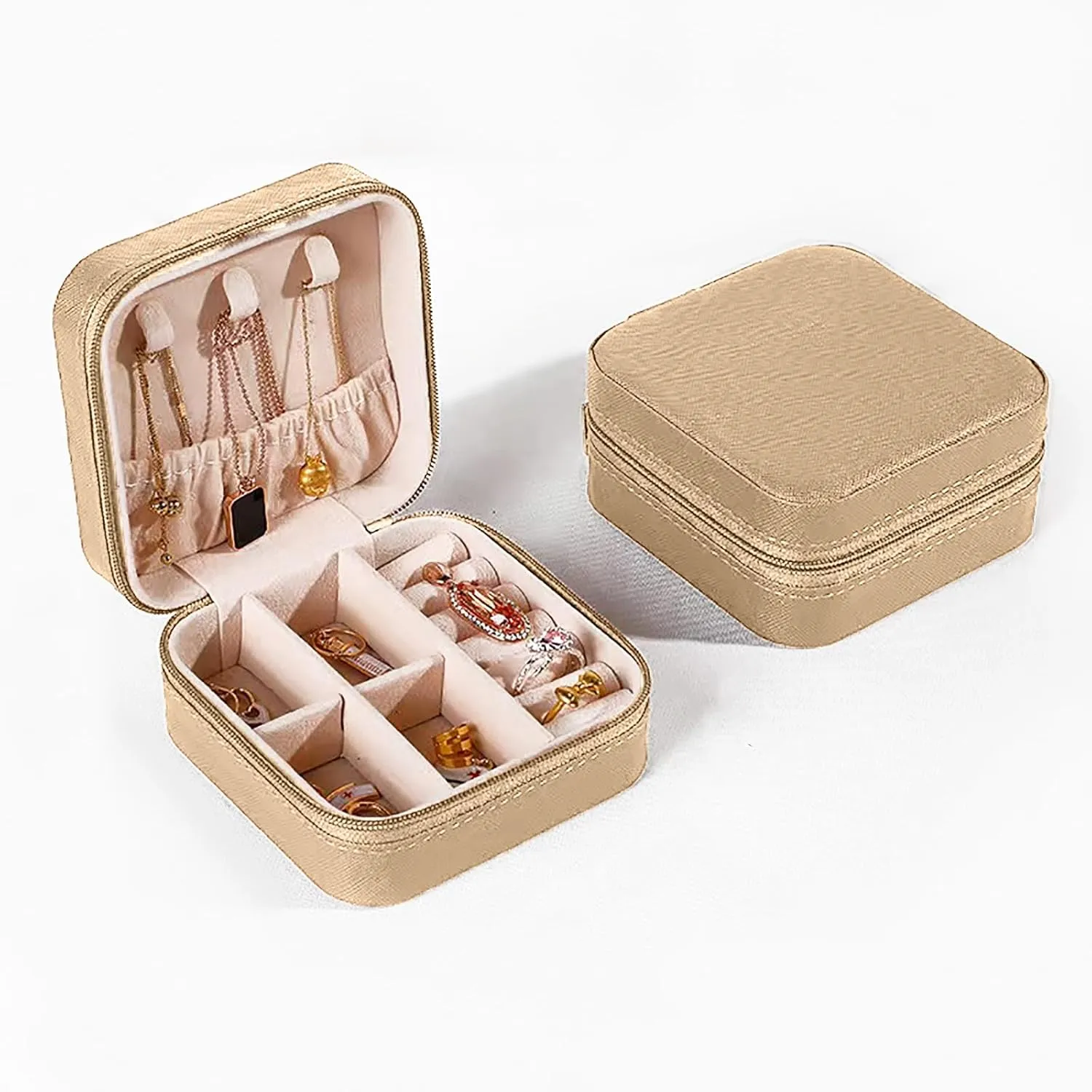 Small Travel Jewelry Box, Portable Mini Jewelry Leather Box Jewelry Ring Organizer Case Storage Holder Gift Boxes for Girls Women, camel beige