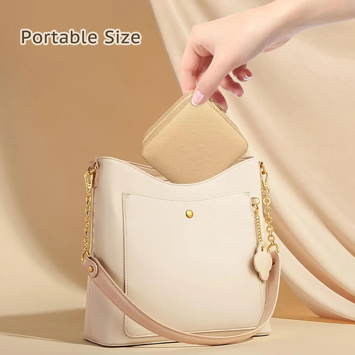 Small Travel Jewelry Box, Portable Mini Jewelry Leather Box Jewelry Ring Organizer Case Storage Holder Gift Boxes for Girls Women, camel beige