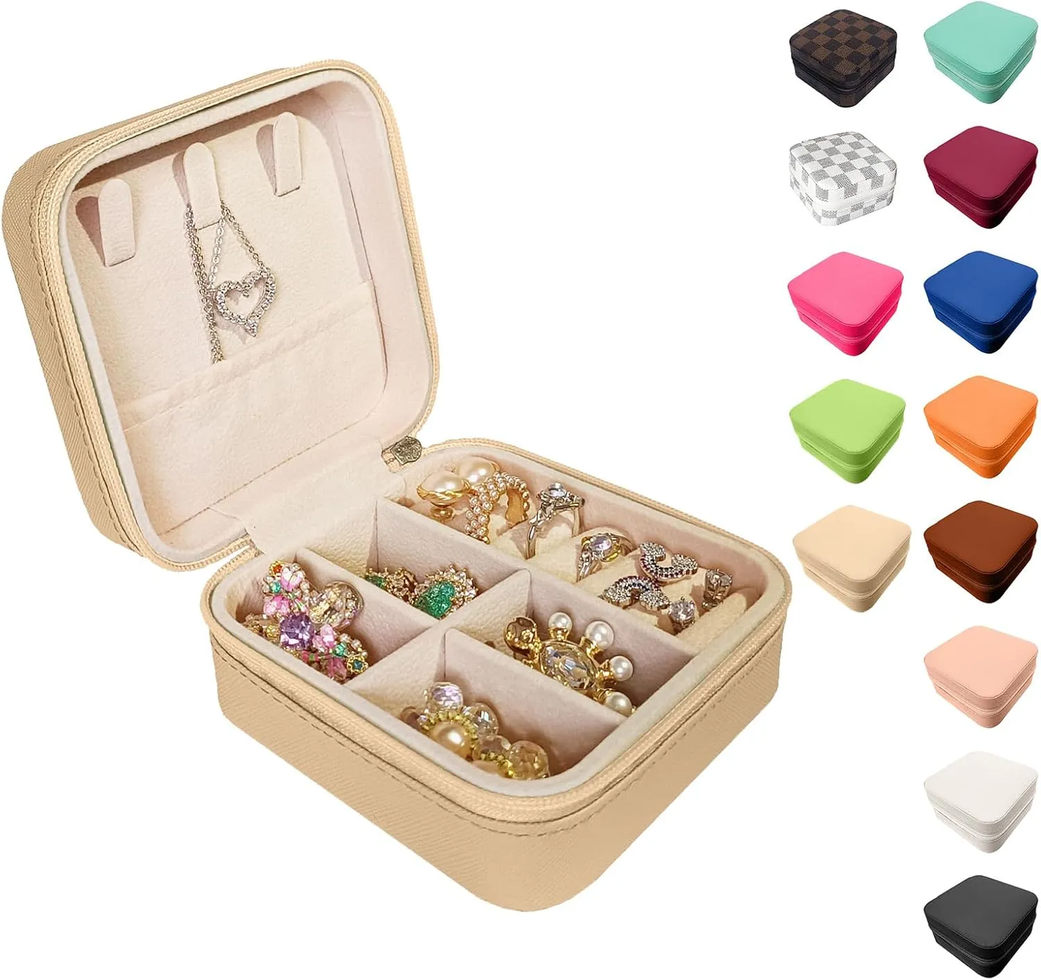Small Travel Jewelry Box, Portable Mini Jewelry Leather Box Jewelry Ring Organizer Case Storage Holder Gift Boxes for Girls Women, camel beige