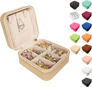 Small Travel Jewelry Box, Portable Mini Jewelry Leather Box Jewelry Ring Organizer Case Storage Holder Gift Boxes for Girls Women, camel beige