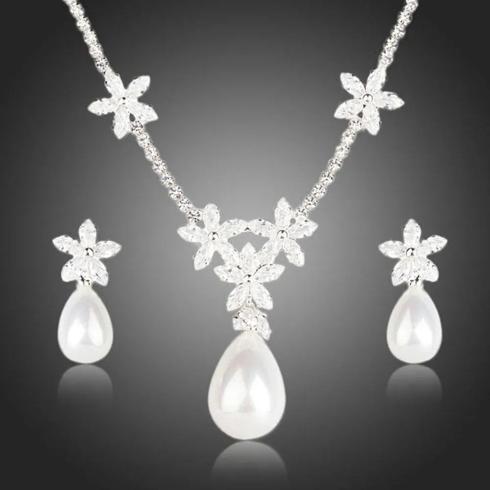 Snow White Pearl with Petals Earrings and Pendant Necklace Set