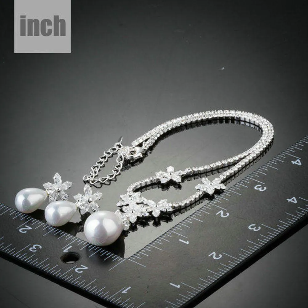Snow White Pearl with Petals Earrings and Pendant Necklace Set