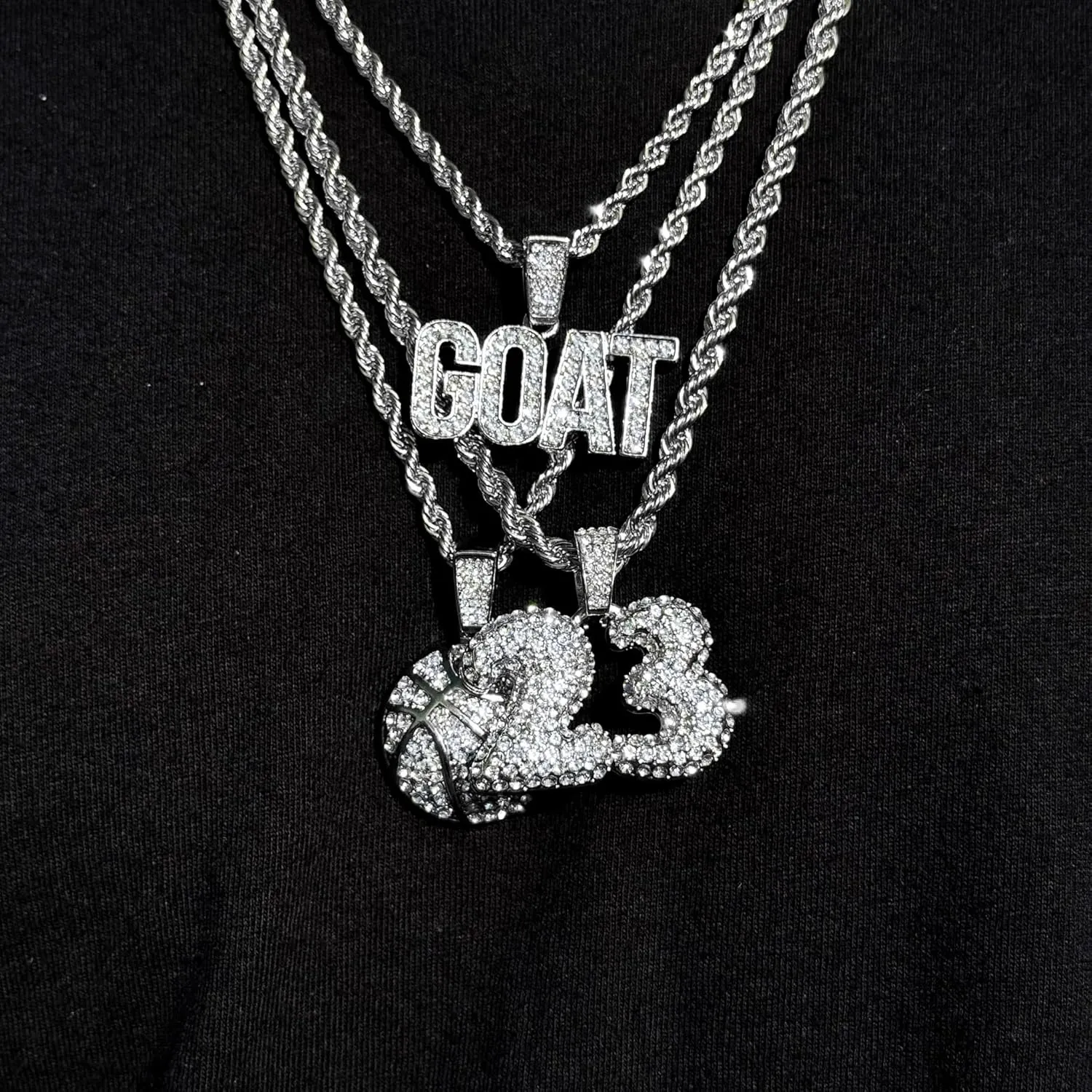 Techno Pave Men's Iced-Out Basketball Multi Pendant with 4mm Rope Chain ?C Sports-Inspired Hip-Hop Necklace, Trendy Gift for Him