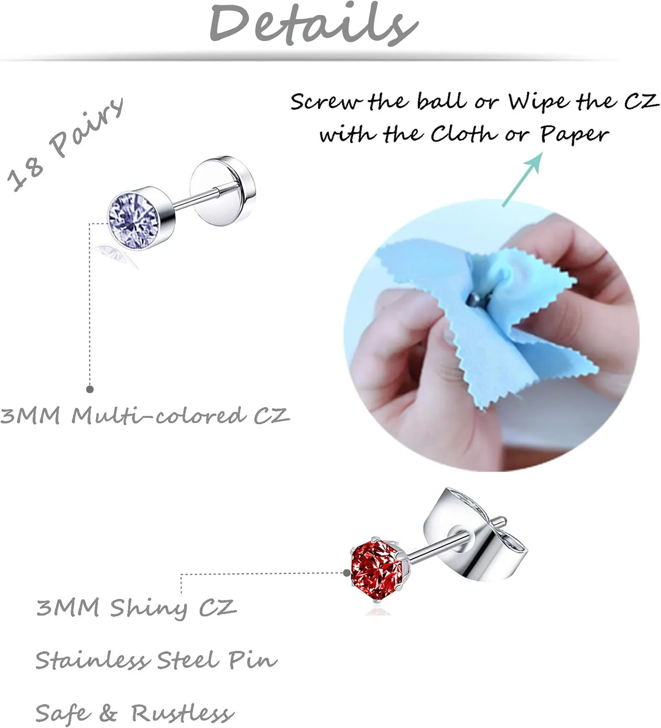 Tornito 20G 18 Pairs Stainless Steel Multicolor CZ Stud Earrings Set Piercing Cartilage Helix Earrings Set Screwback for Women 3MM-5MM