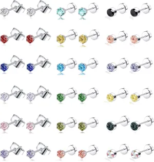 Tornito 20G 18 Pairs Stainless Steel Multicolor CZ Stud Earrings Set Piercing Cartilage Helix Earrings Set Screwback for Women 3MM-5MM
