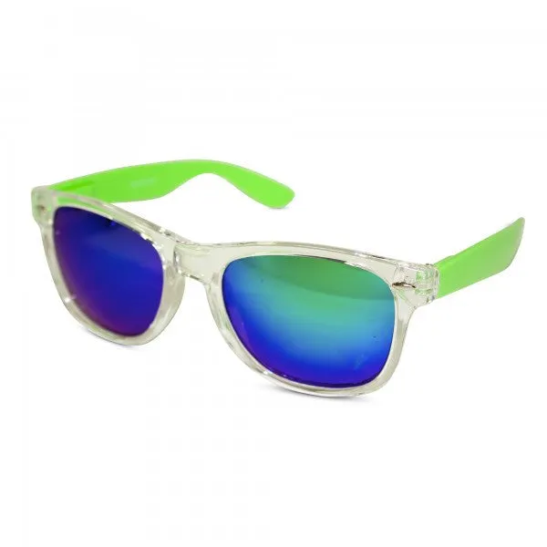 Transparent Frame Sunglasses with Neon Temples and Mirrored Lens