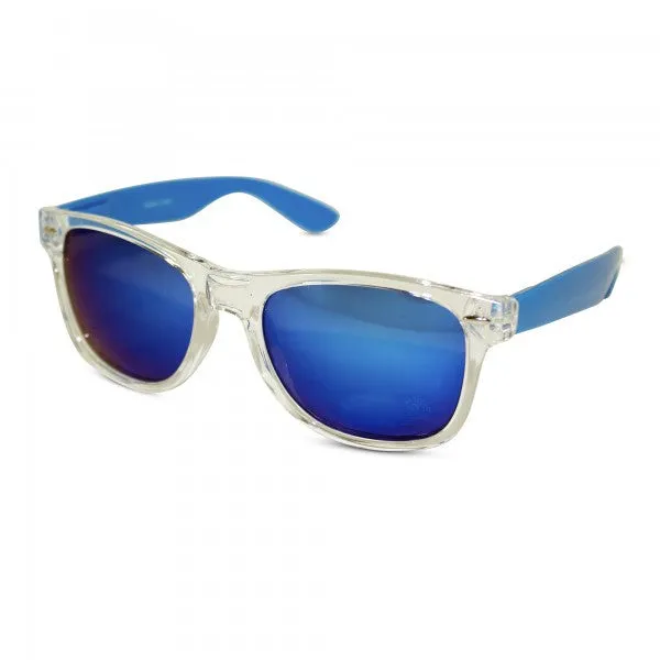 Transparent Frame Sunglasses with Neon Temples and Mirrored Lens