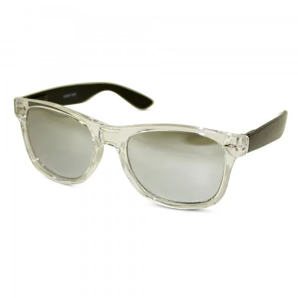 Transparent Frame Sunglasses with Neon Temples and Mirrored Lens