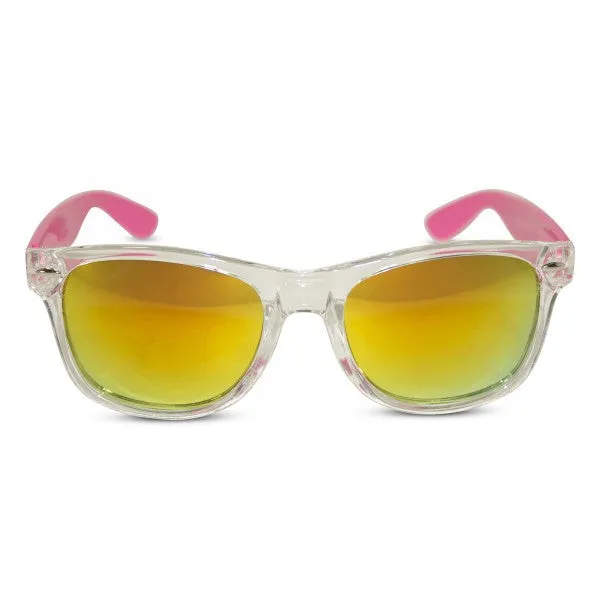 Transparent Frame Sunglasses with Neon Temples and Mirrored Lens