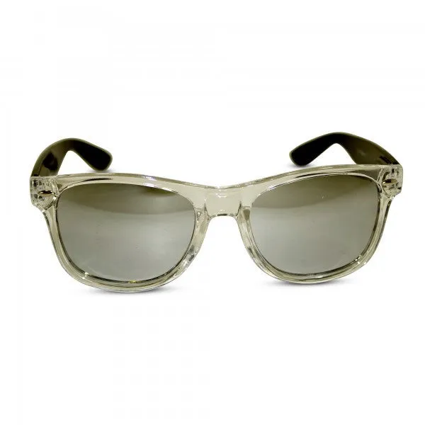 Transparent Frame Sunglasses with Neon Temples and Mirrored Lens