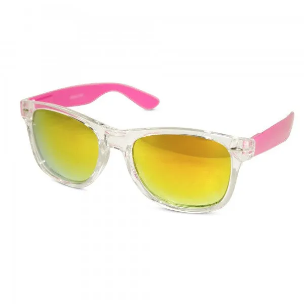 Transparent Frame Sunglasses with Neon Temples and Mirrored Lens