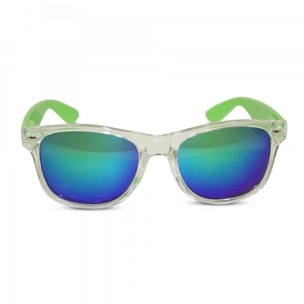 Transparent Frame Sunglasses with Neon Temples and Mirrored Lens