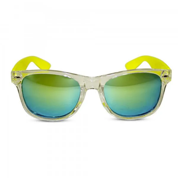 Transparent Frame Sunglasses with Neon Temples and Mirrored Lens