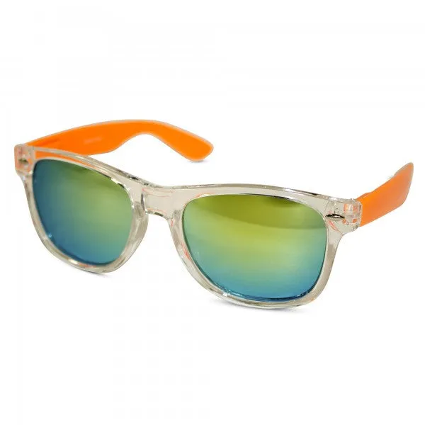 Transparent Frame Sunglasses with Neon Temples and Mirrored Lens