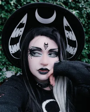 Vegan Felt Wide Brim Hat - Flat Top XL Brim - "Striped Horns" - Collab with NightmareKittyKat