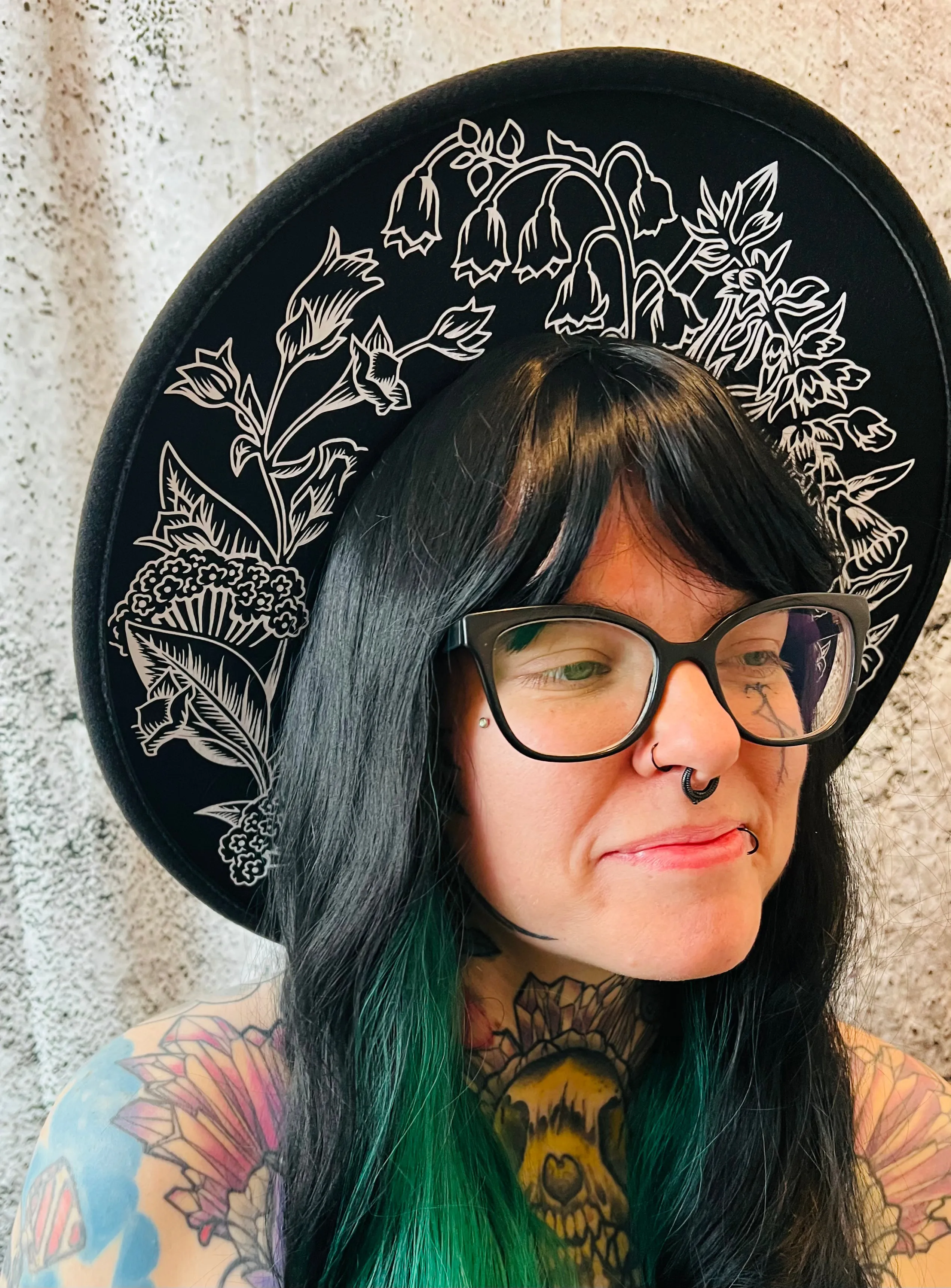 Vegan Felt Wide Brim Hat - XL Brim - "Deadly Garden"