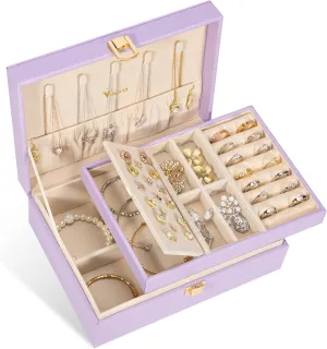 Voova Jewelry Box Organizer for Women Girls, 2 Layer Large Men Jewelry Storage Case, PU Leather Display Jewellery Holder with Removable Tray for Necklace Earrings Rings Bracelets,Vintage Gift,Lavender