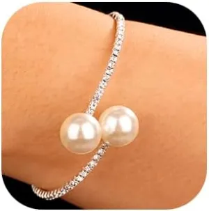 Xerling Pearl Open Cuff Bracelets for Women Minimalist Hand Chain Bracelets Bling Bridal Rhinestones Bracelets for Wedding Elastic Hand Jewelry Stretchable (Type A-Silver)